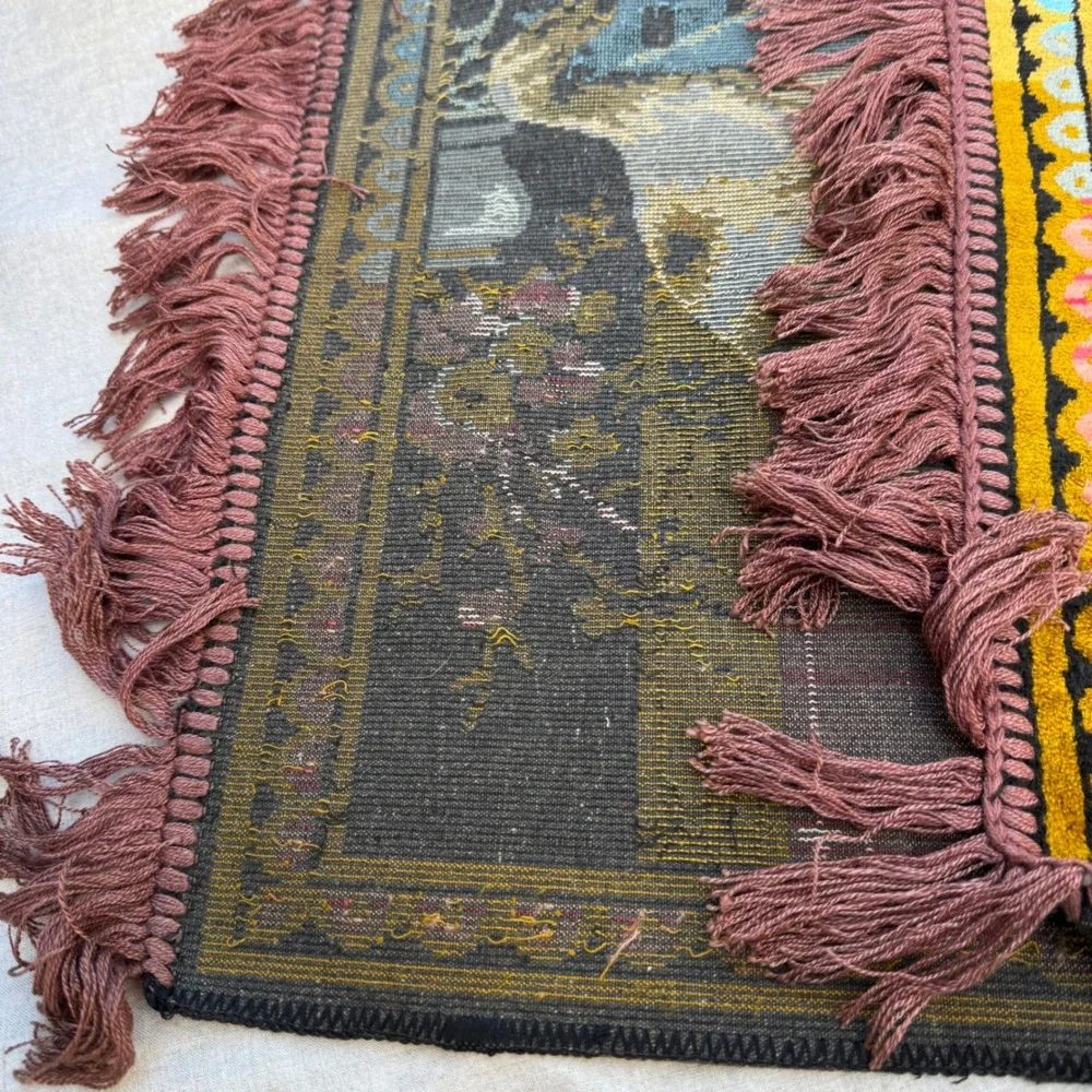 Vintage Mid-Century 1950s 60s Velvet Tapestry Frinhe Cats Playing Chess Wall Rug